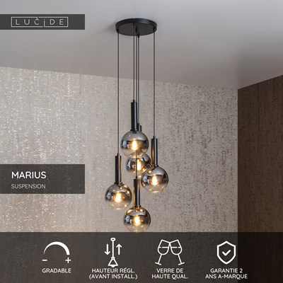 Lucide MARIUS - Suspension - Ø 55 cm - 5xE27 - Noir